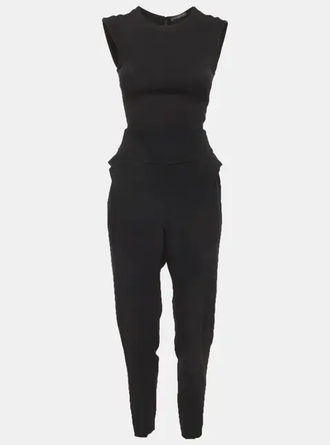 Alexander McQueen Black Stretch Knit and Crepe Cape Sleeve Jumpsuit S