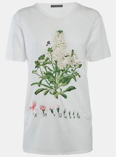 Alexander McQueen White Embroidered Botanical T-Shirt XS