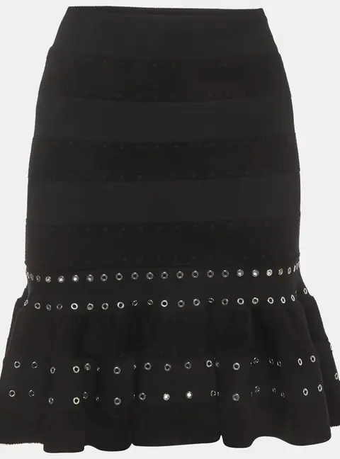Alexander McQueen Black Stretch Knit Eyelet Detail Ruffled Mini Skirt S