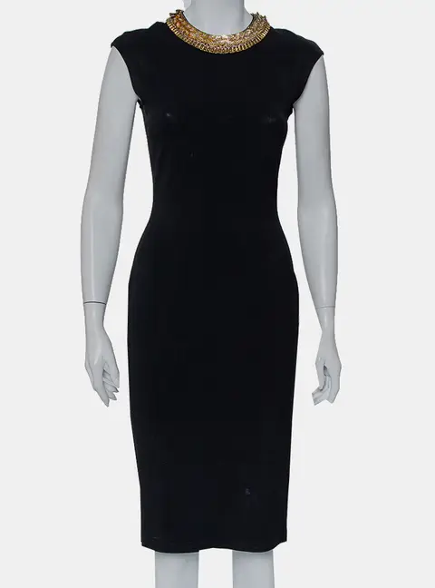Alexander McQueen Black Knit Embellished Neck Detail Sleeveless Sheath Dress M