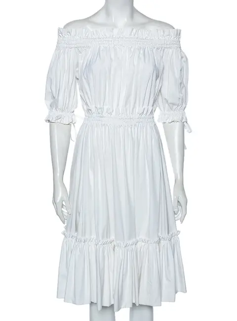 Alexander McQueen White Cotton Ruched Tiered Off Shoulder Midi Dress M