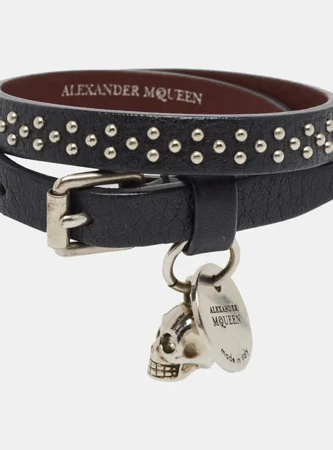 Alexander McQueen Studded Leather Skull Charm Silver Tone  Double Wrap Bracelet