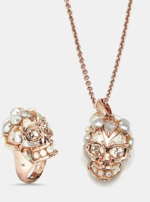 Alexander McQueen Pearl Crystal Ename Embellished Skull Rose Gold Tone Ring & Pendant Necklace Set