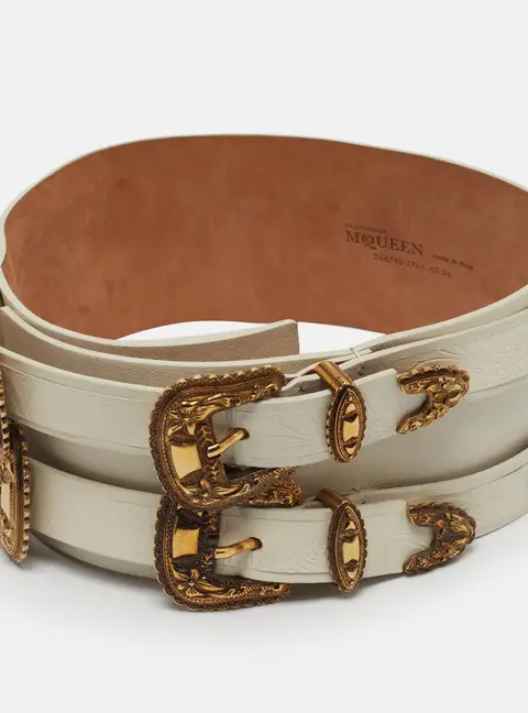 Alexander McQueen Double Buckle 65CM Wide Belt White Leather
