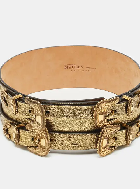 Alexander McQueen Double Buckle 70CM Wide Belt Gold Leather