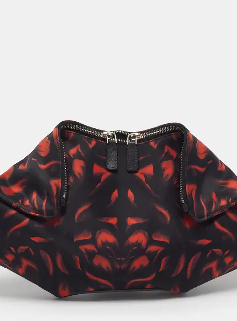 Alexander McQueen Tulip Print De Manta Black/Orange Satin and Leather Clutch