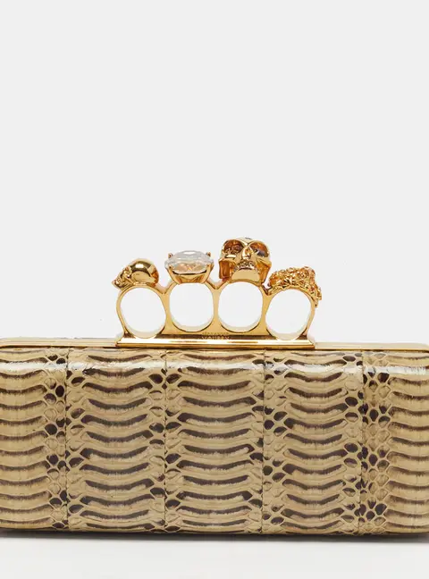Alexander McQueen Skull Crystal Knuckle Cream/Brown Watersnake Leather Duster Clutch