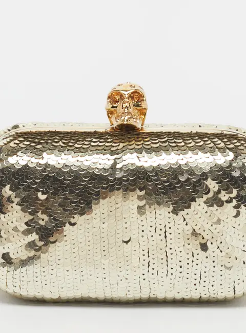 Alexander McQueen Skull Crystal Gold Sequin Box Clutch