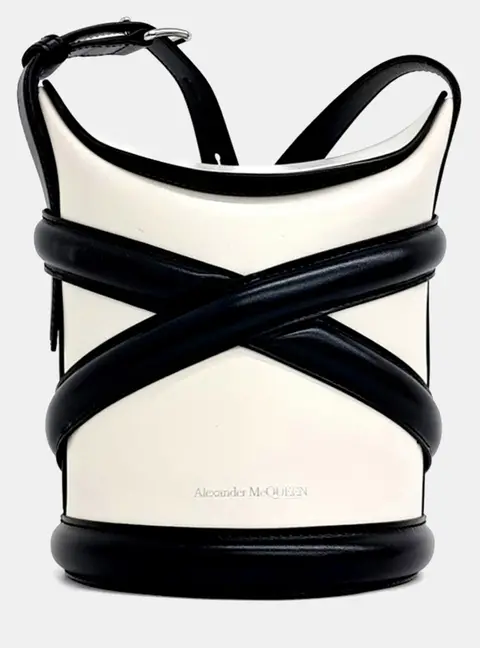 Alexander McQueen The Curve Small Ivory Black Calfskin Leather Crossbody Bucket Bag