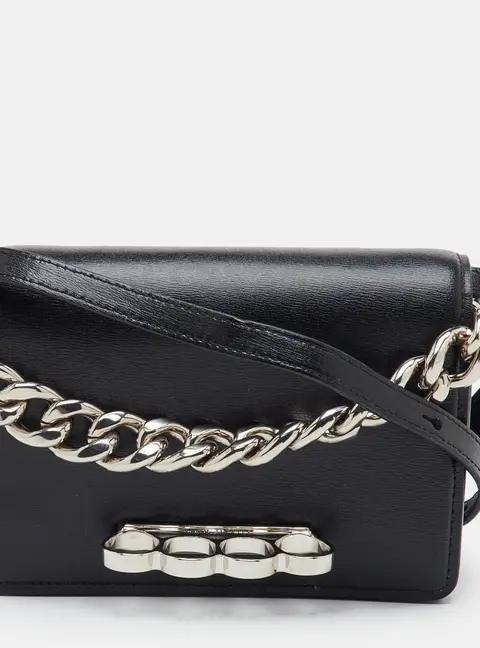 Alexander McQueen Four Ring Black Leather Flap Shoulder Bag