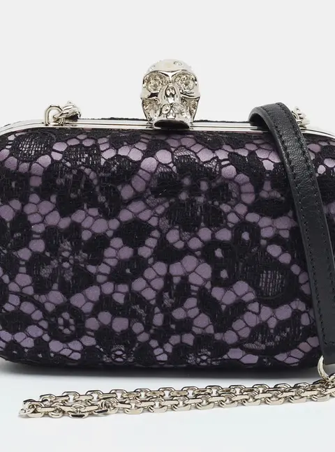 Alexander McQueen Skull Crystal Black/Purple Lace and Satin Box Chain Clutch