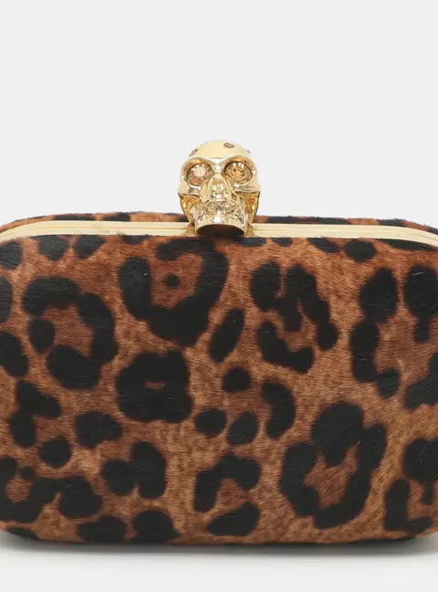 Alexander McQueen Skull Crystals Brown Leopard Calf Hair Box Clutch