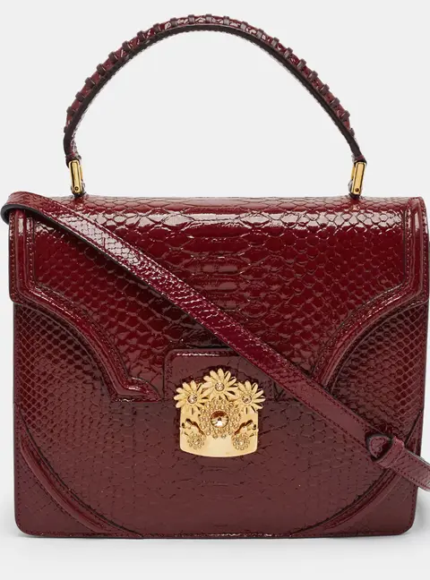 Alexander McQueen Crystal Embellished Red Python Embossed Patent Leather Top Handle Bag