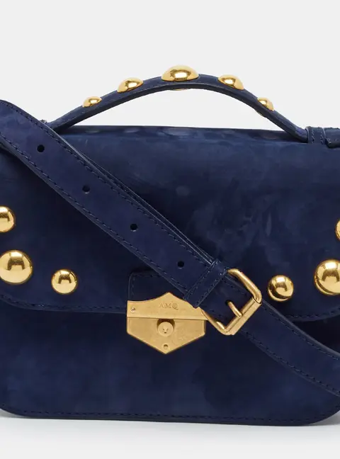 Alexander McQueen Studded Flap Blue Nubuck Leather Top Handle Bag