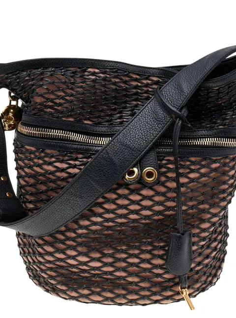 Alexander McQueen Black/Peach Woven Detail Leather Skull Bucket Bag