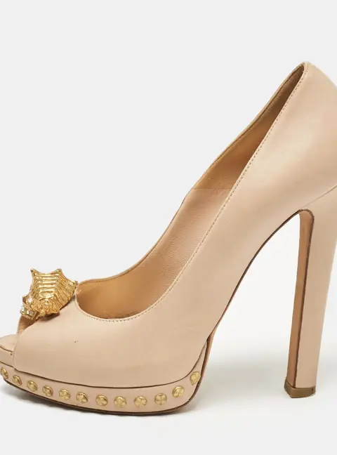 Alexander McQueen Beige Leather Skull Detail Studded Platform Peep Toe Pumps Size 37.5