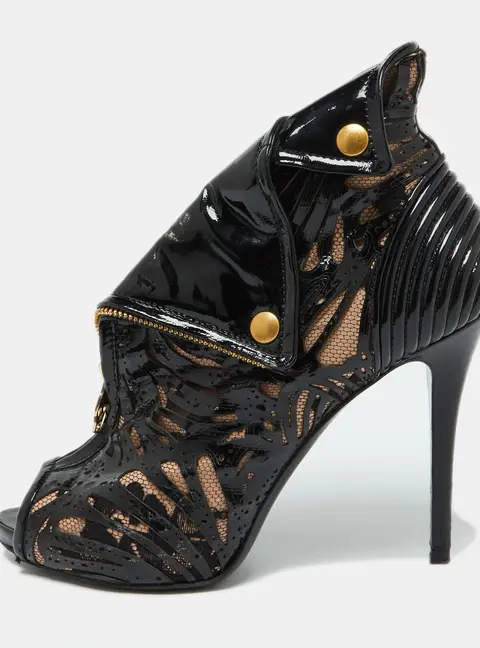 Alexander McQueen Black/Beige Patent Leather and Mesh Faithful Ankle Booties Size 38.5