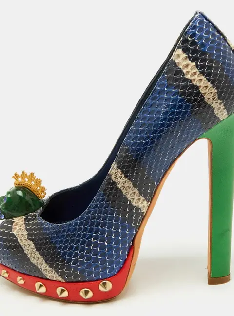Alexander McQueen Multicolor Python Crystal Skull Peep Toe Pumps Size 36