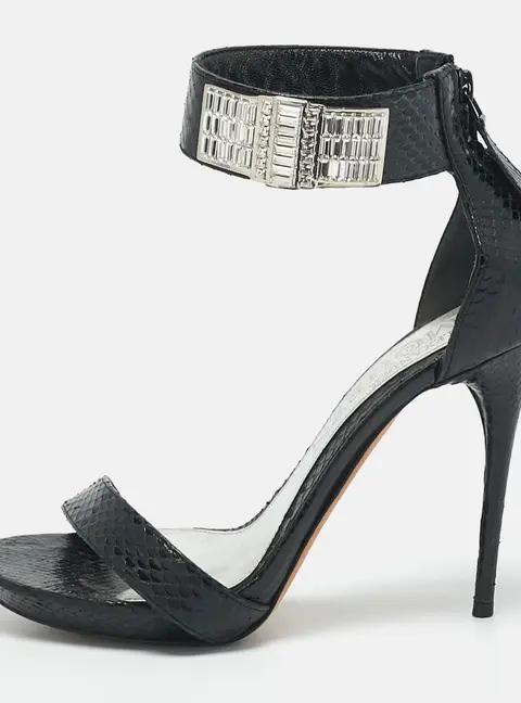 Alexander McQueen Black Snakeskin Leather Crystal Embellished Ankle Cuff Sandals Size 36