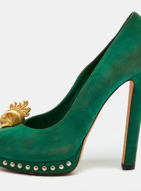 Alexander McQueen Green Suede Skull Platform Peep Toe Pumps Size 38.5