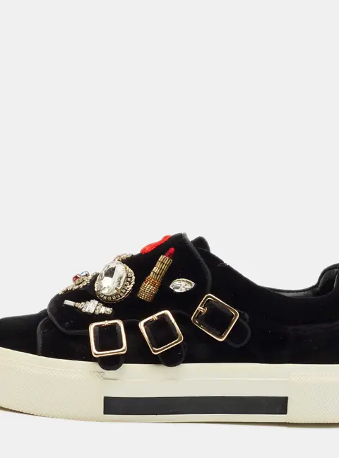 Alexander McQueen Black Velvet Crystal Embellished Buckle Sneakers Size 39