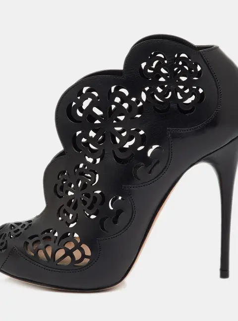 Alexander McQueen Black Leather Floral Lasecut Booties Size 36