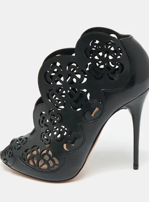 Alexander McQueen Black Floral Laser Cut Leather Peep Toe Booties Size 35
