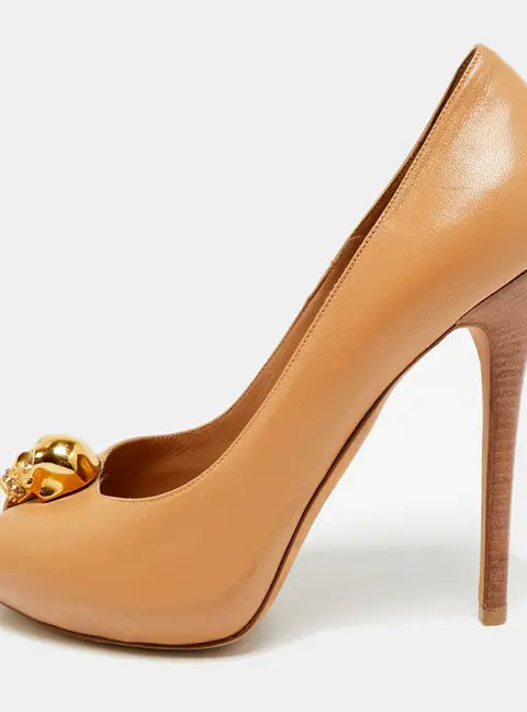 Alexander McQueen Skull Size 40 Brown Leather Peep Toe Platform Pumps