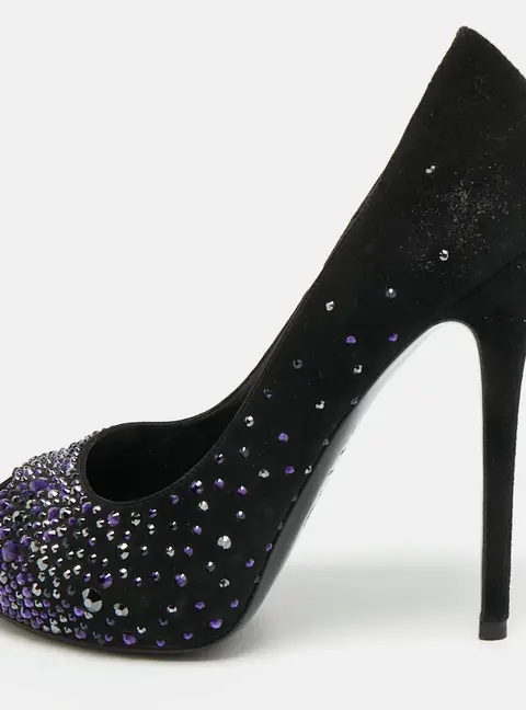 Alexander McQueen Heart Size 38 Black Suede Crystal Embellished Peep Toe Pumps