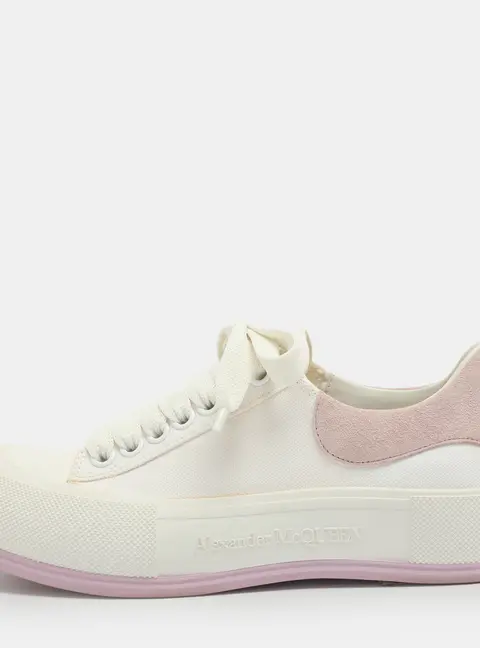Alexander McQueen Deck Plimsoll Size 37 White/Beige Canvas and Suede Lace Up Sneakers