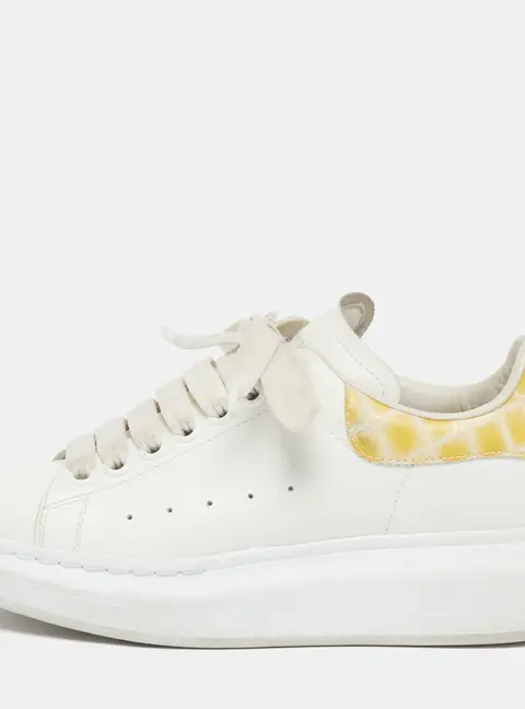 Alexander McQueen Oversized Size 35 White Croc Embossed Patent and Leather Lace Up Sneakers