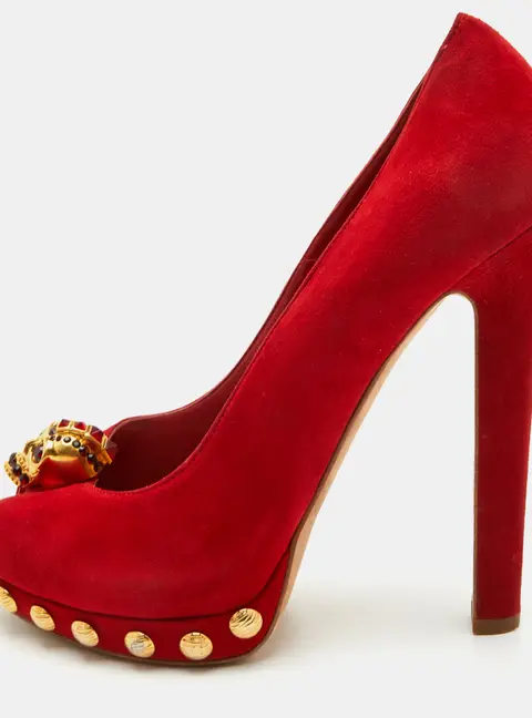 Alexander McQueen Skull Size 39 Red Suede Platform Peep Toe Pumps