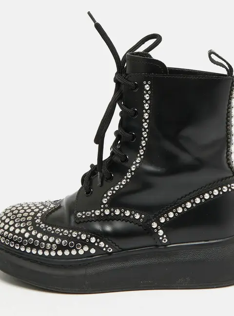 Alexander McQueen Size 37 Black Leather Studded Lace Up Ankle Length Boots
