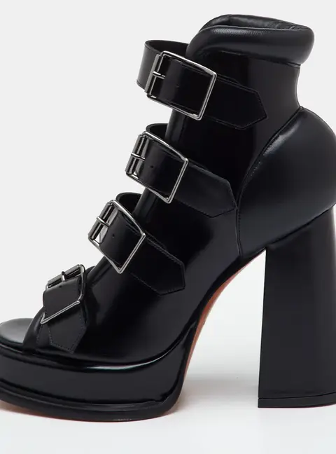 Alexander McQueen Rave Buckle Size 36.5 Black Leather Platform Ankle Length Boots