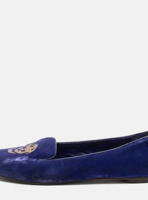 Alexander McQueen Skull Size 38 Navy Blue Velvet Smoking Slippers