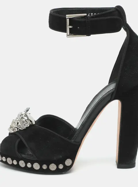 Alexander McQueen Crystal Embellished Skull Size 37.5 Black Suede Platform Sandals