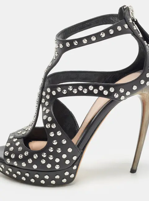 Alexander McQueen Size 38 Black Leather Studded Strappy Cage Platform Sandals
