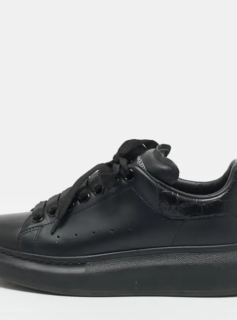 Alexander McQueen Oversized Size 38 Black Croc Embossed Leather and Leather Lace Up Sneakers