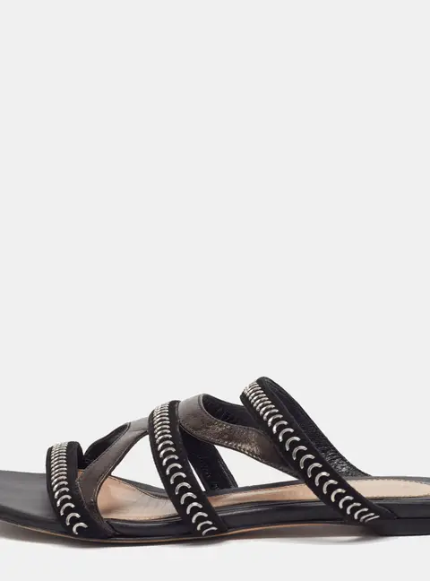 Alexander McQueen Size 39 Black/Bronze Leather and Suede Embellished Strappy Flat Slide