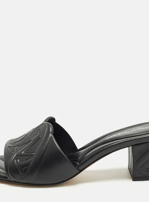 Alexander McQueen Seal Size 36.5 Black Leather Block Heel Slide Sandals