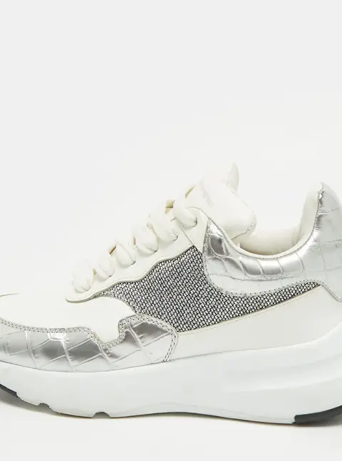 Alexander McQueen Oversized Size 36 Silver/White Croc Embossed and Leather Lace Up Sneakers
