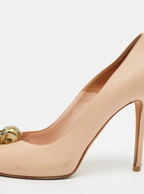 Alexander McQueen Skull Crystal Embellished Size 36.5 Pink Leather Peep Toe Pumps