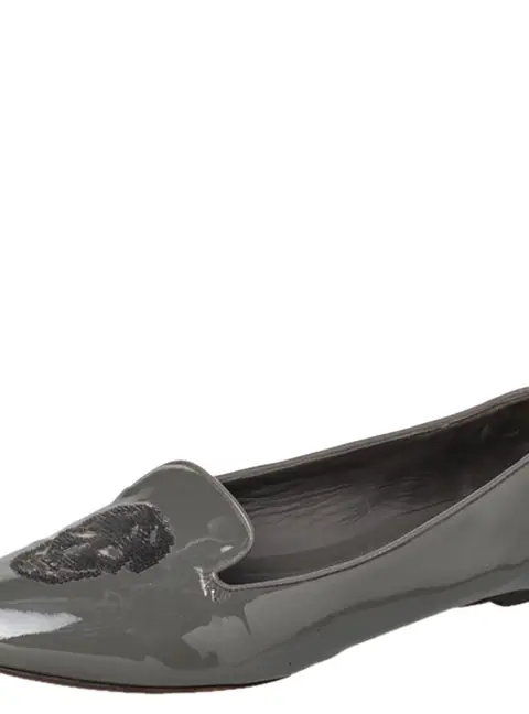 Alexander McQueen Grey Patent Leather Sequin Skull Smoking Slippers Size 39