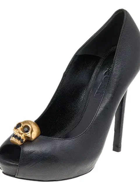 Alexander McQueen Black Leather Crystal Embellished Skull Peep Toe Pumps Size 35