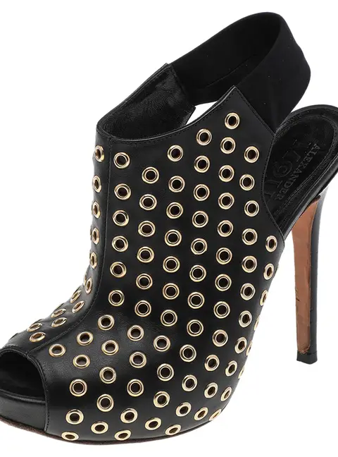 Alexander McQueen Black Leather Grommet Peep Toe Ankle Slingback Boots Size 36