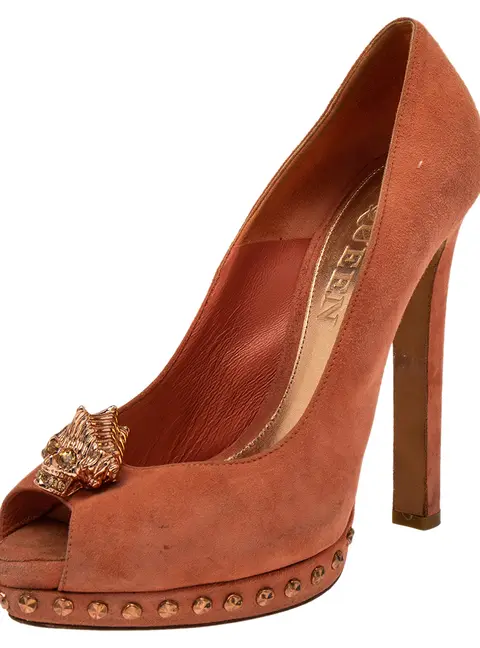 Alexander McQueen Brown Suede Skull Embellished Peep Toe Pumps Size 38