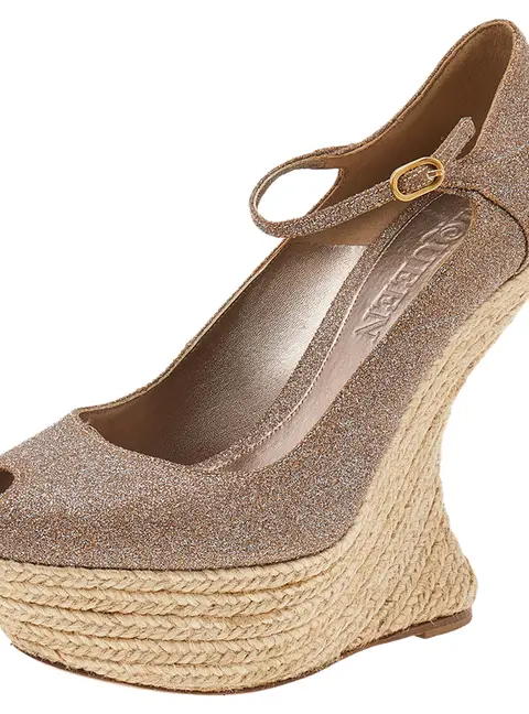 Alexander McQueen Brown Glitter Ankle Strap Wedge Sandals Size 37