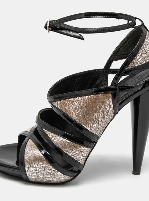 Alexander McQueen Black/Silver Leather and Patent Ankle Strap Sandals Size 35.5