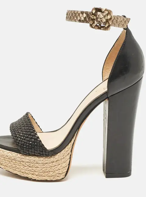 Alexandre Birman Black/Beige Leather and Python Leather Ankle Strap Sandals Size 36