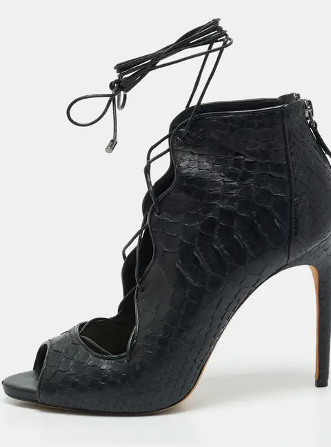 Alexandre Birman Black Python Leather Peep Toe Lace Up Pumps Size 40